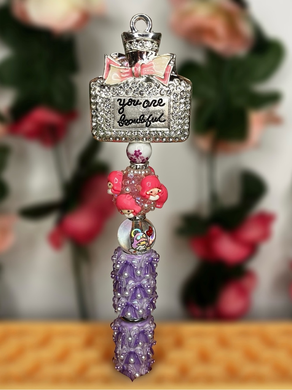 You Are Beautiful Handmade Beaded Pen with Purple Bow Design & Lala Beads